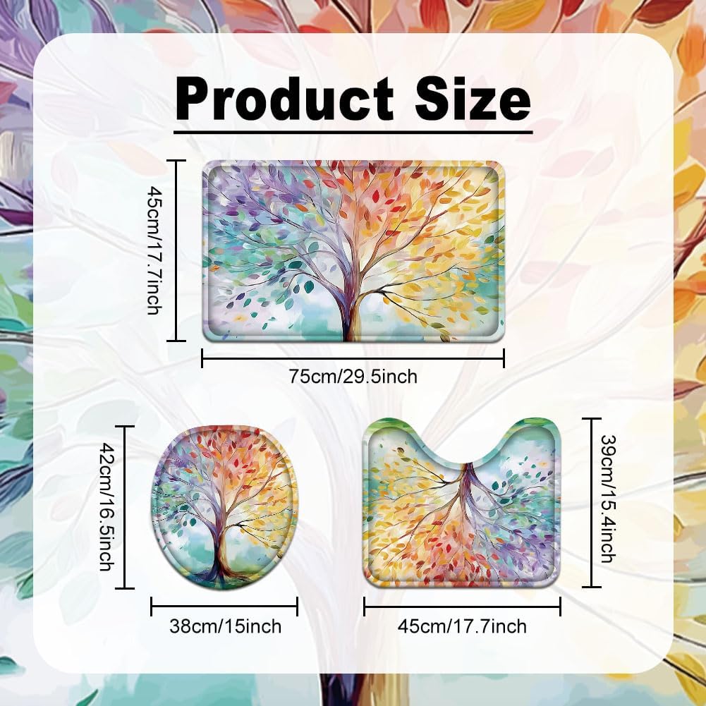 3Pcs Bathroom Rugs Set Washable Tree of Life Bathroom Carpets with Toilet Mats Mystery Plants Soft Thick Non Slip Bath Mat for Laundry Hotels Kitchen Tub Home Decor Rainbow