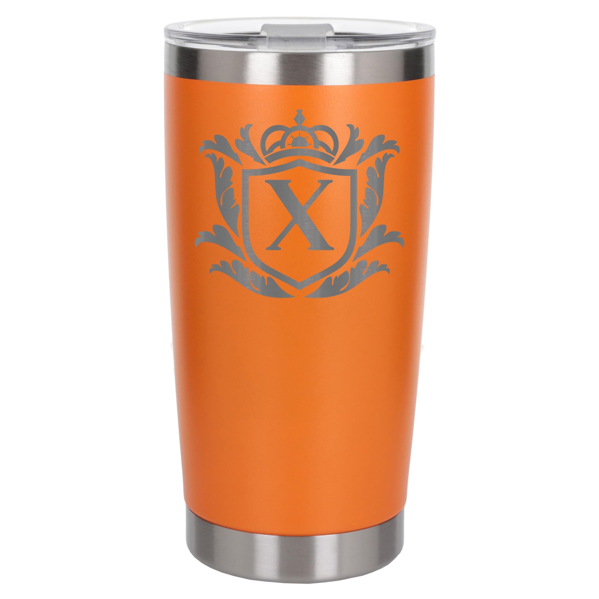 Customised Gifts 500ml Engraved Shield Initial Monogram Insulated Personalised Orange Travel Mug for Men and Women - Personalised Initial Coffee Travel Mug for Hot and Cold Beverages, Letter X — image 1