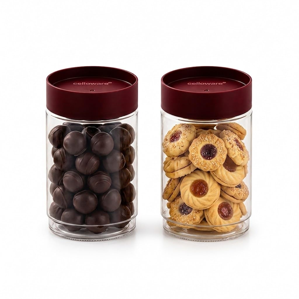 cello modustack glassy storage jar | glass jar with lid | air tight steel lid and stackable | for storage of food, pulses, spice, cereals, cookies, dry food | set of 2 | 750ml, maroon
