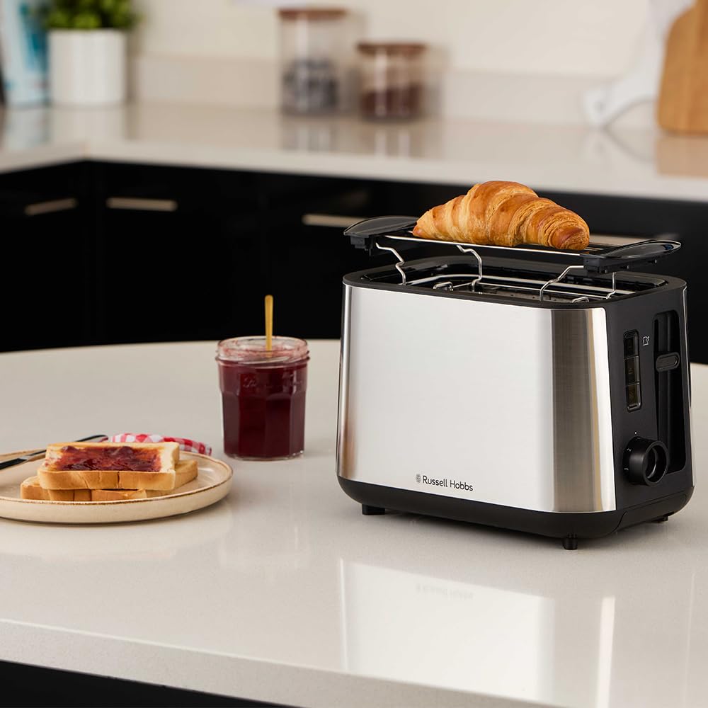 Russell Hobbs Grille-pain 2 fentes XL (6 niveaux de brunissage, surélévation, dégivrage, réchauffe-viennoiseries, arrêt auto., ramasse-miettes amovible, surface en acier inox. brossé) Heaton 27390-56
