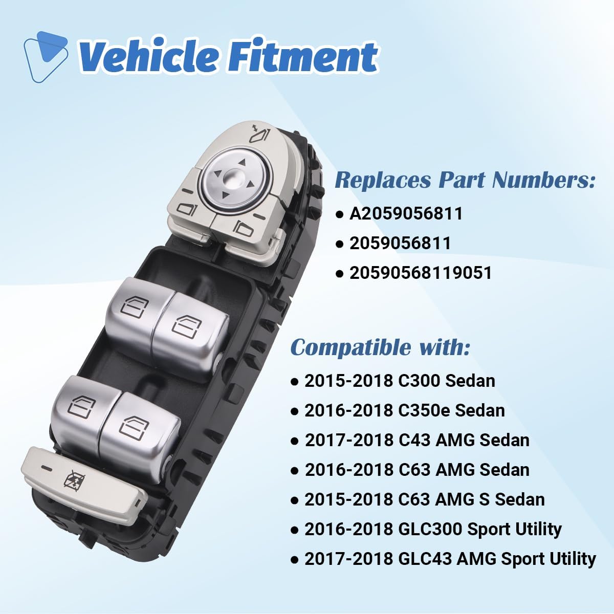 Power Window Switch Front Driver Side Compatible with 2015-2018 Mercedes-Benz C300, C350e, C43 AMG, C63 AMG, C63 AMG S, GLC300, GLC43 AMG, Replace A2059056811, 2059056811, Black-Color