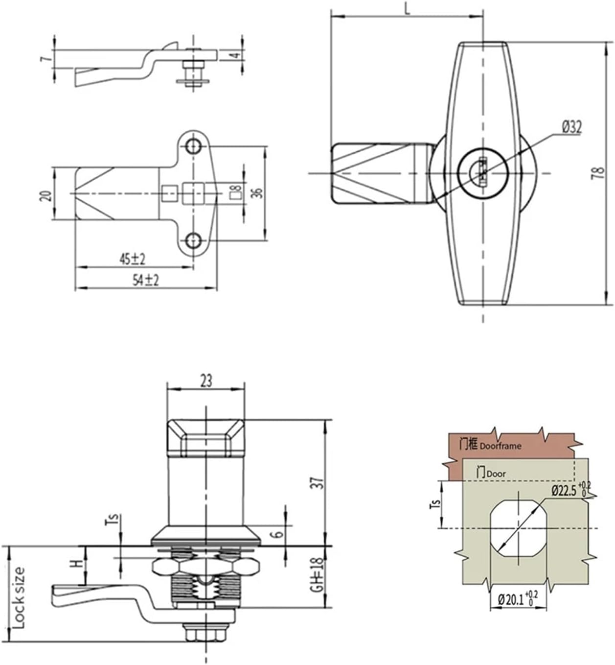 MS101-1-2 Handle Lock T-Type 304 Stainless Steel Distribution Box Door Control Cabinet(No Lock Cylinder)