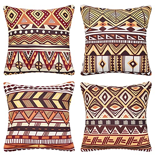 Kissenbezug 4 Stück Bohème Vintage Muster Dekorativer Kissenhülle 45x45cm Braunes Quadrat Weicher Leinen Zierkissenbezüge Mit Verstecktem Reißverschluss Sofa Schlafzimmer Bett 18x 18 Inch Cover