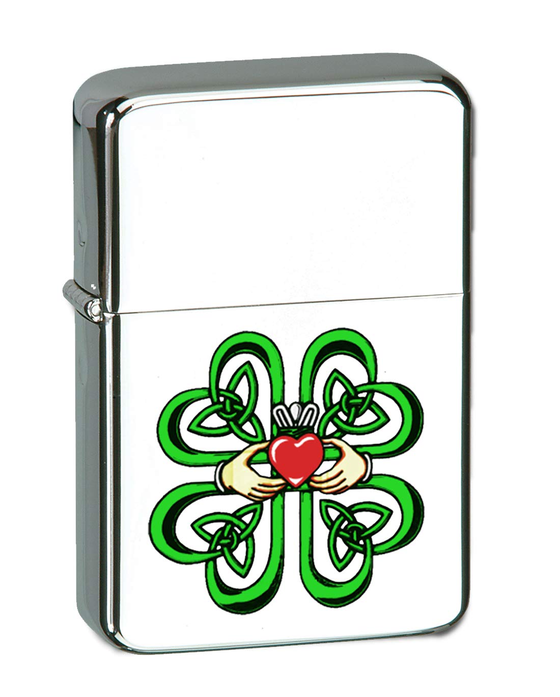 Irish Claddagh Ring w/Celtic Weave & Lucky Four Leaf Clover Vector KGM Thunderbird Vintage Lighter - High Polish Chrome