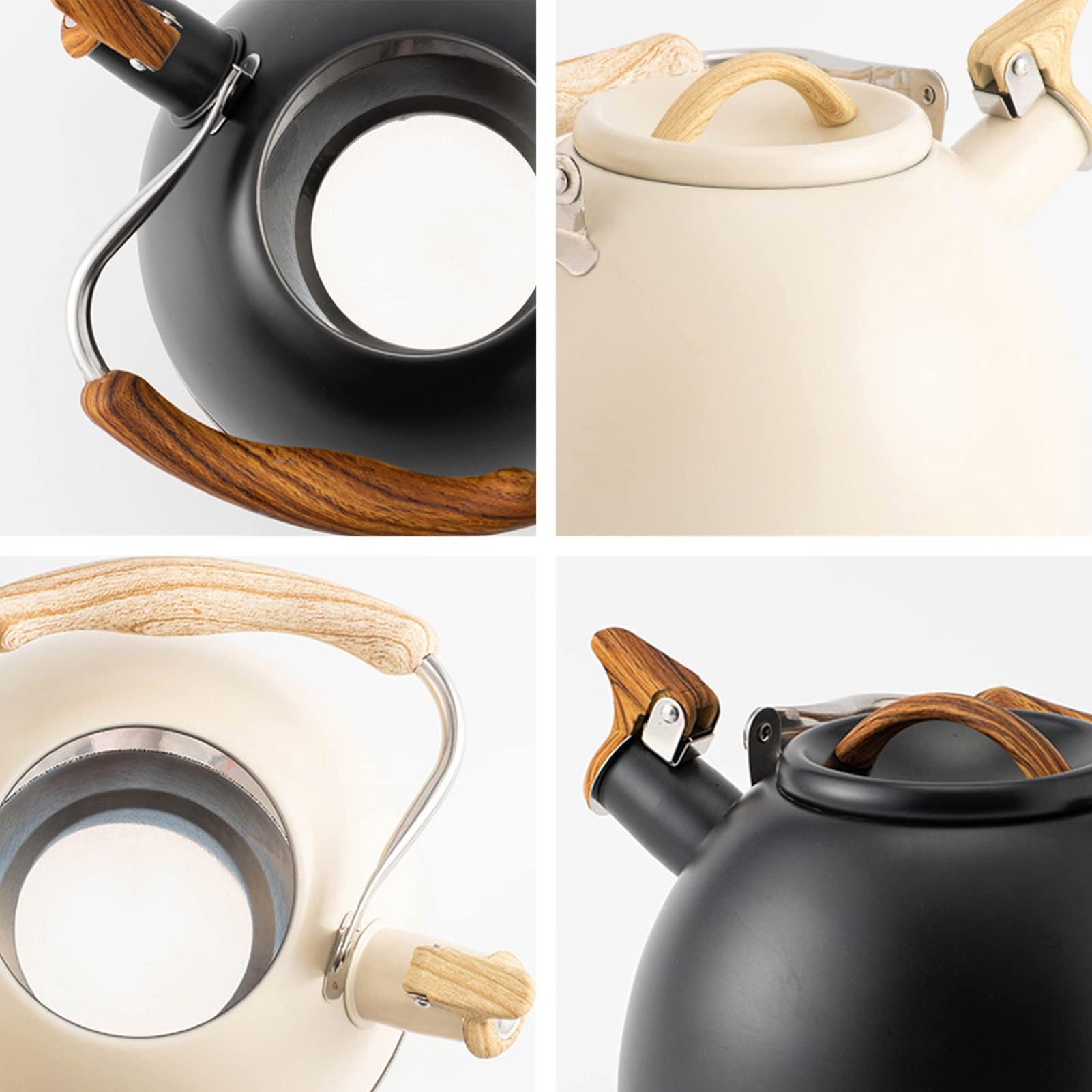 Teekessel aus Edelstahl mit Holzgriff, Pfeifkessel Induktion 3 l, Retro Teekanne, Wasserkocher für Elektroherde, Gasherde und Keramik (schwarz)