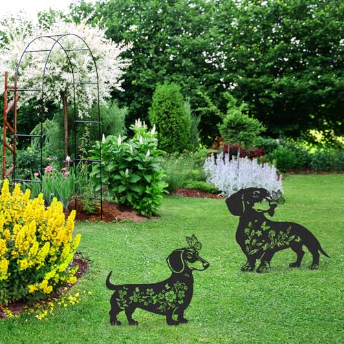 Metall-Gartenstecker mit Schmetterling, Motiv: Dackel, 2 Stück, Hunde-Silhouette, Hofdekoration