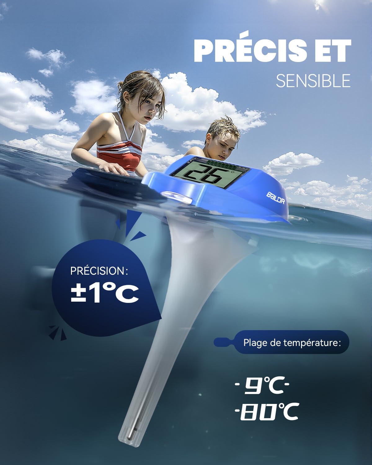 Thermomètre Flottant pour Piscine BALDR Solaire à Double Grand Écran Anti-Reflets | Sonde de Température Numérique Étanche IPX7 pour Piscines Enterrées, Hors-Sol, Spas & Étangs(Bleu foncé)