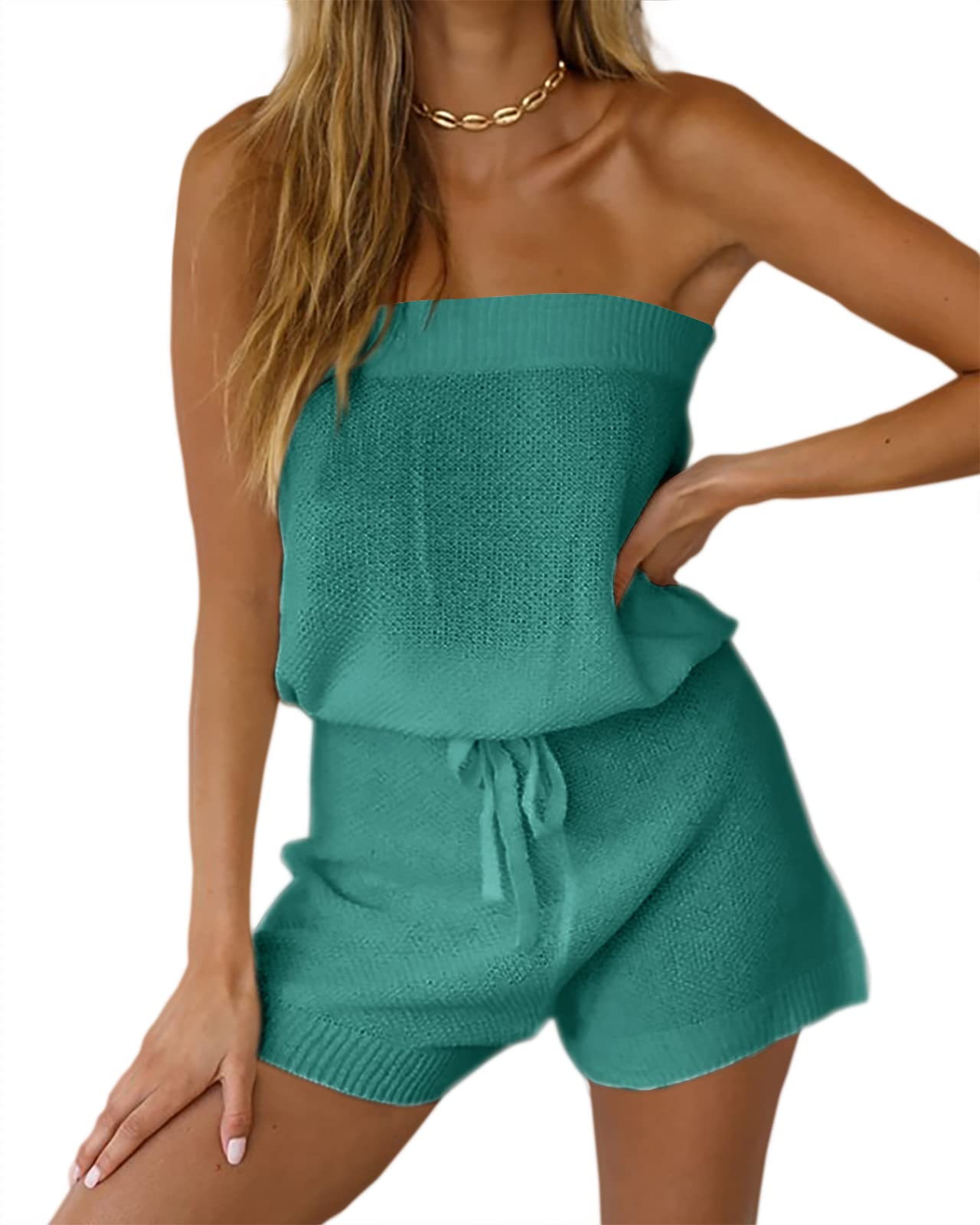 Chang Yun Overol de verano para mujer, casual, holgado, sin mangas, hombros descubiertos, cintura elástica, ropa de descanso, trajes de dos piezas