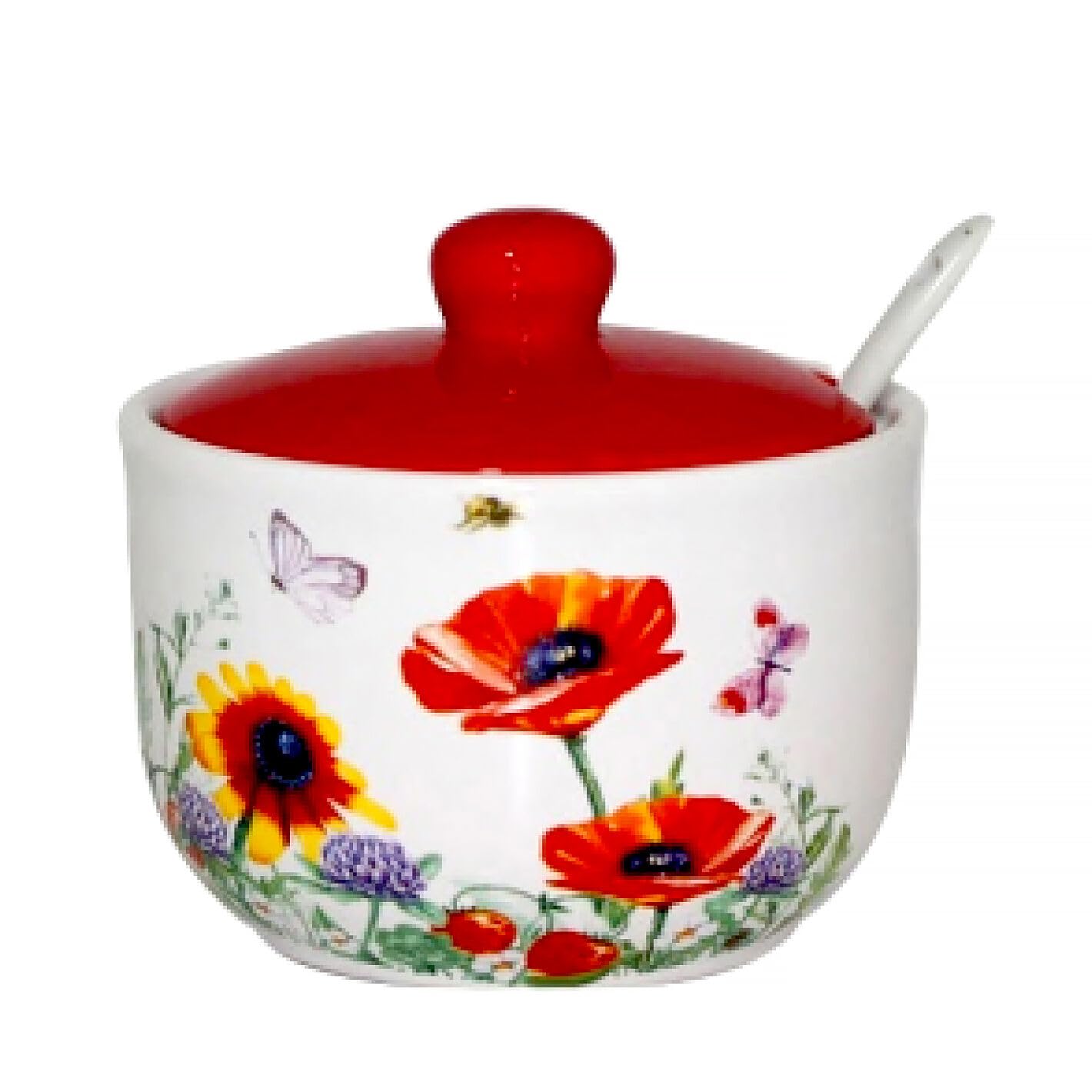 STP GOODS Ceramic Sugar Bowl with Spoon, Sugar Container for Coffee Bar, Sugar Jar Sugar Dispenser Bowl, Kitchen Decor and Accessories (Poppies)