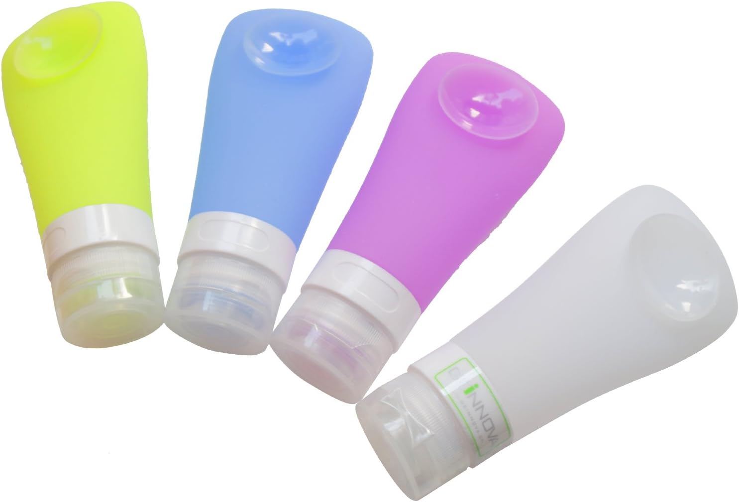 Silicone Travel Bottles 3 oz (90 ml) Set of 4 Lotion / Shampoo Container shower dispenser with suction cup for wall attaching