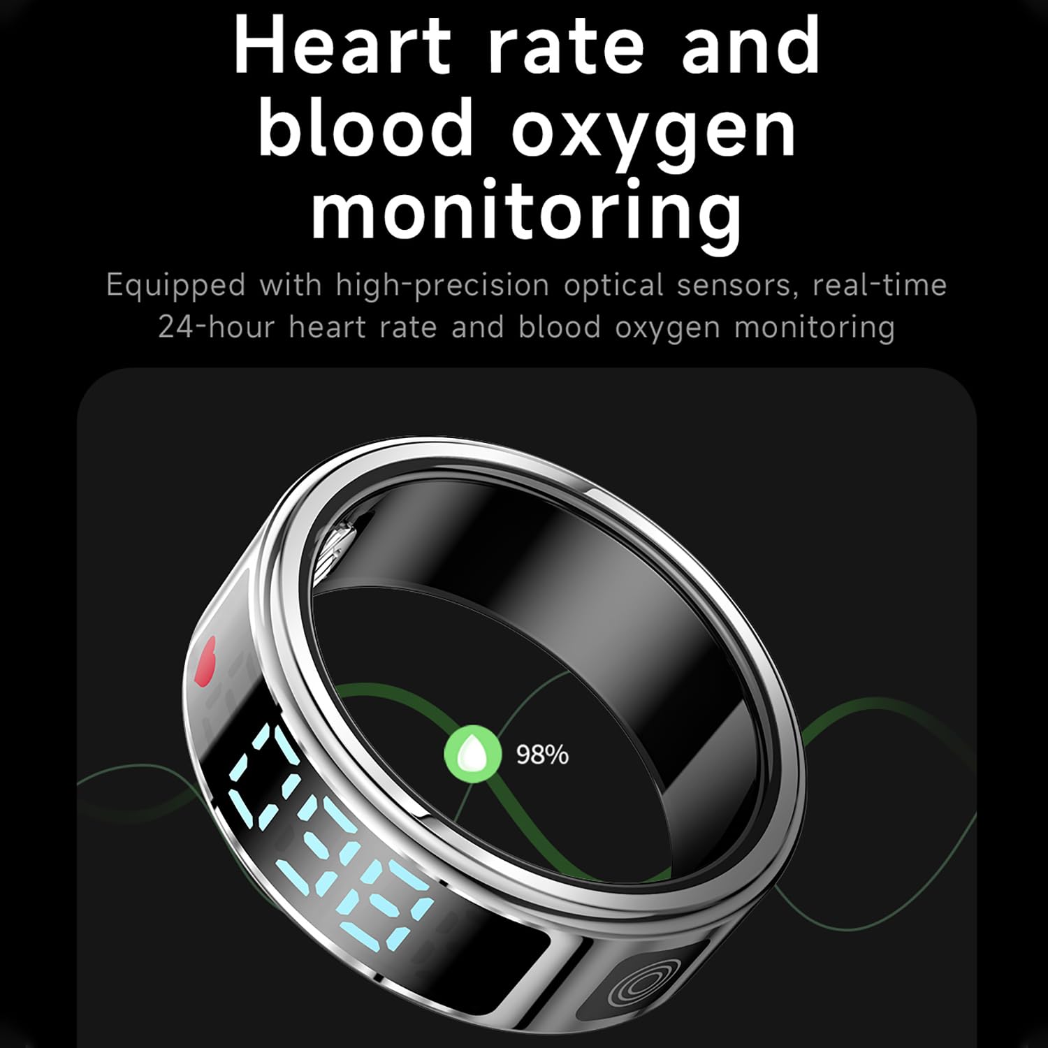 LONGLU Anillo Inteligente Unisex con Pantalla LED, Tracker Deporte Frecuencia Cardíaca/Oxígeno Sangre/Sueño/Deporte 5ATM Impermeable, Monitor Salud para iPhone y Android (Negro, 10)