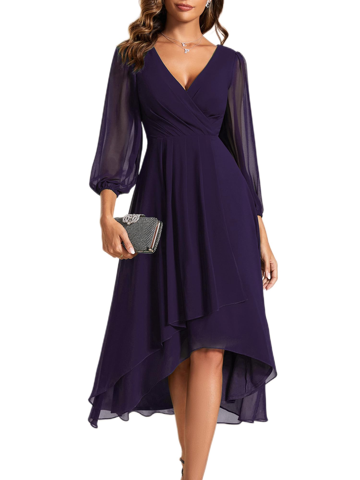Ever-Pretty Robe de Soirée Femme A Line High Low Col V 3/4 Manches pour Mariage Chic EG01926