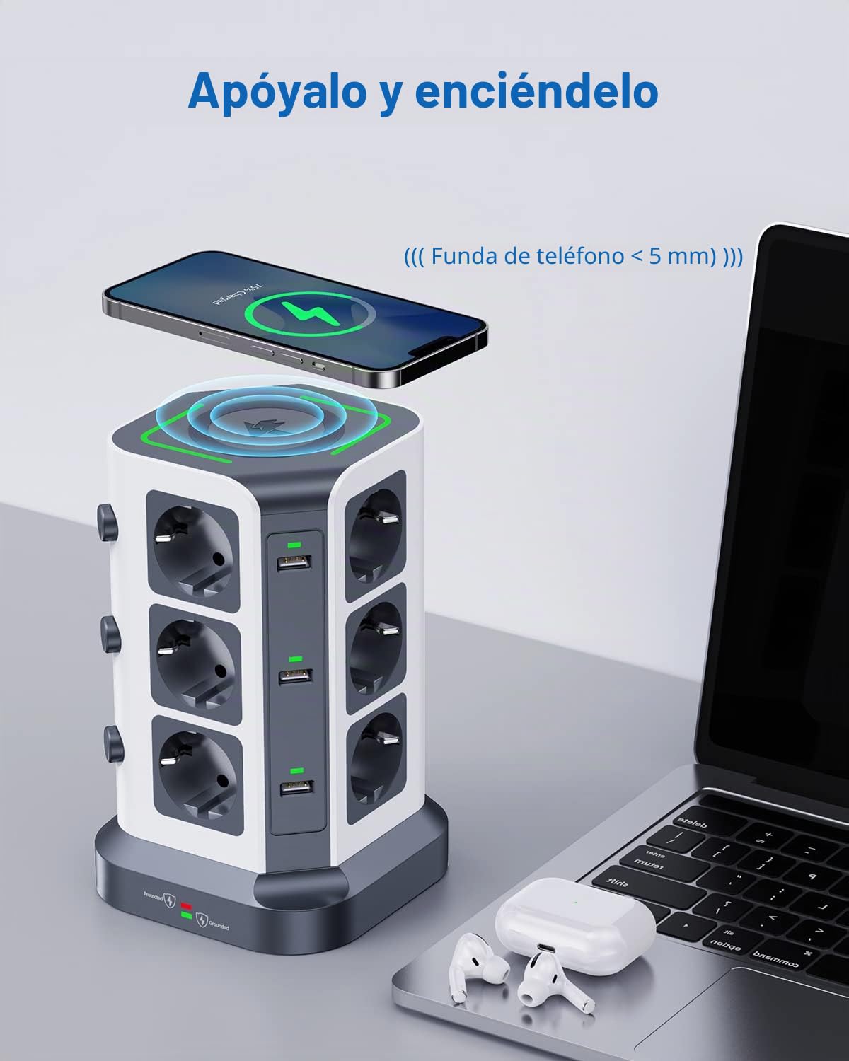 KOOSLA Regleta con Carga Inalámbrica, 12 Enchufes, 2M, Gris | 12 Enchufes, Cargador Inalámbrico 15W, 6 USB, Protección 1500J, Cable 2M, Oficina, Cocina