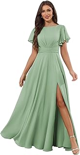 Women's Chiffon Bridesmaid Dresses with Sleeves Long Round Neck Formal Evening Gowns with Slit - Buy now