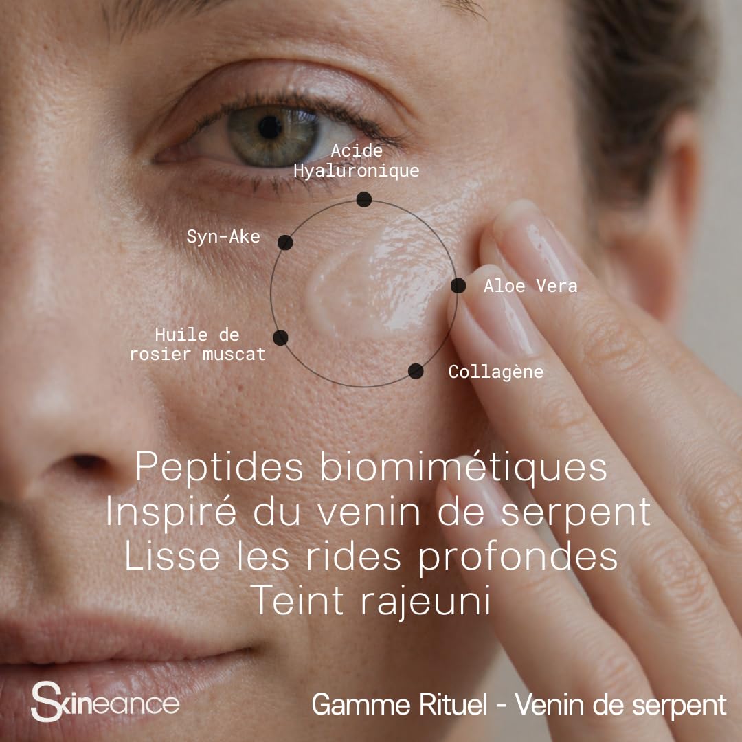 Skineance - Gamme Rituel Venin de Serpent | 5 Produits Soin Visage Anti-âge | Crème Jour 50 ml + Crème Nuit 50 ml + Eau Micellaire 200 ml + Sérum 30 ml + Sérum Zones Sensibles 15 ml | Coffret beauté