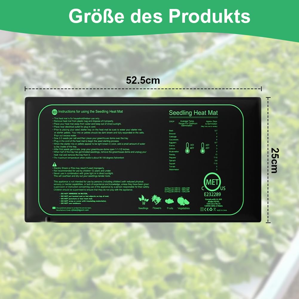 Begonia 50W Heizmatte Pflanzen mit Thermostat, Indoor Gewächshaus Heizkissen für 52,5 x 25cm, Wärmematte mit Temperatur Regulierung, IPX4 Wasserdicht Wärmematte für Sämlinge, Haustiere und Reptilien