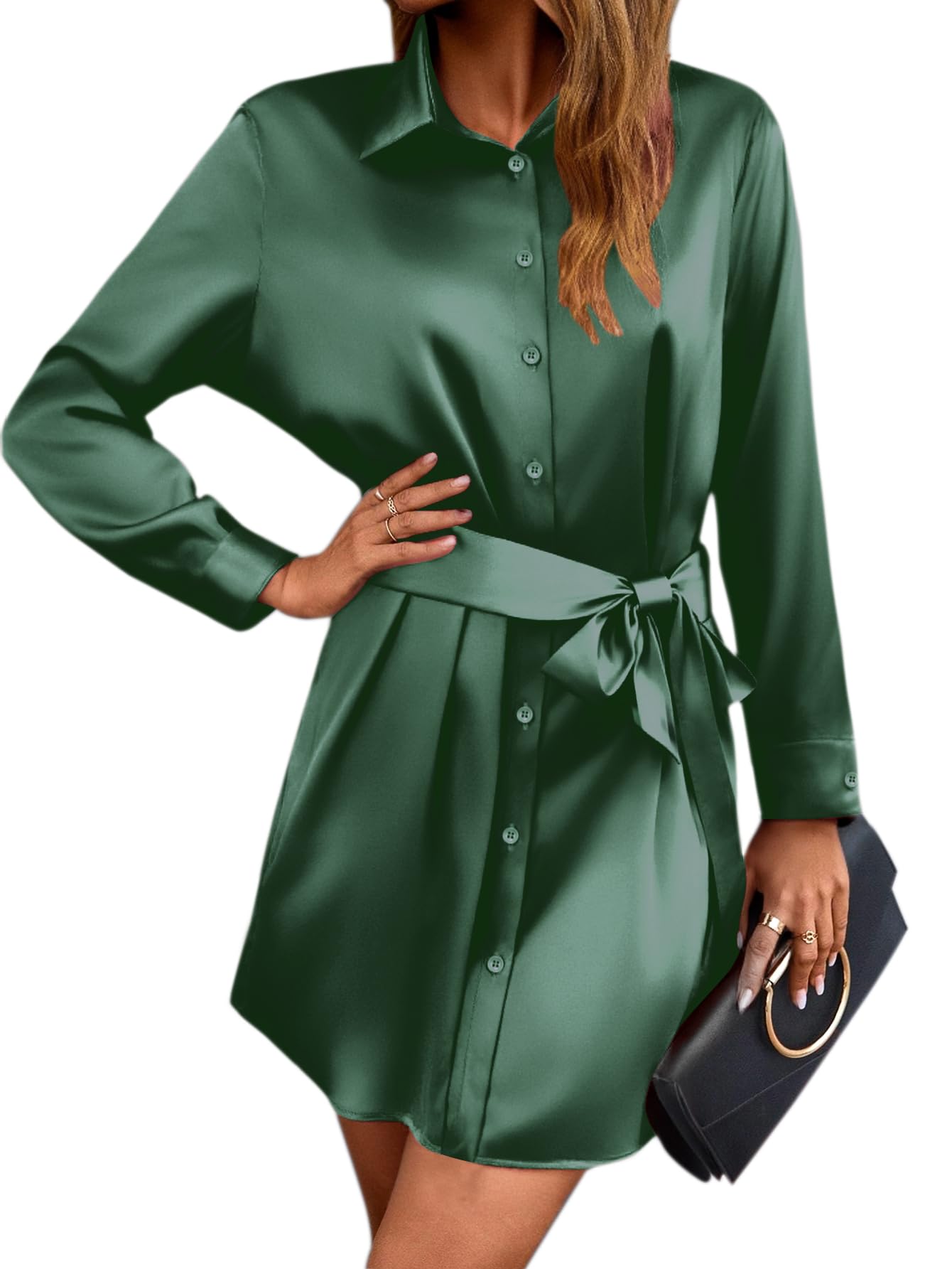 Zeagoo Women's Stain Long Sleeve Dress Button Down Shirts Tunic Dresses