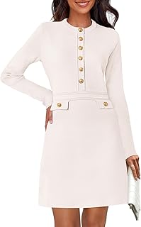 Women's Long Sleeve Bodycon Sweater Dress Button Crew Neck Elegant Formal Mini Dresses - Buy now