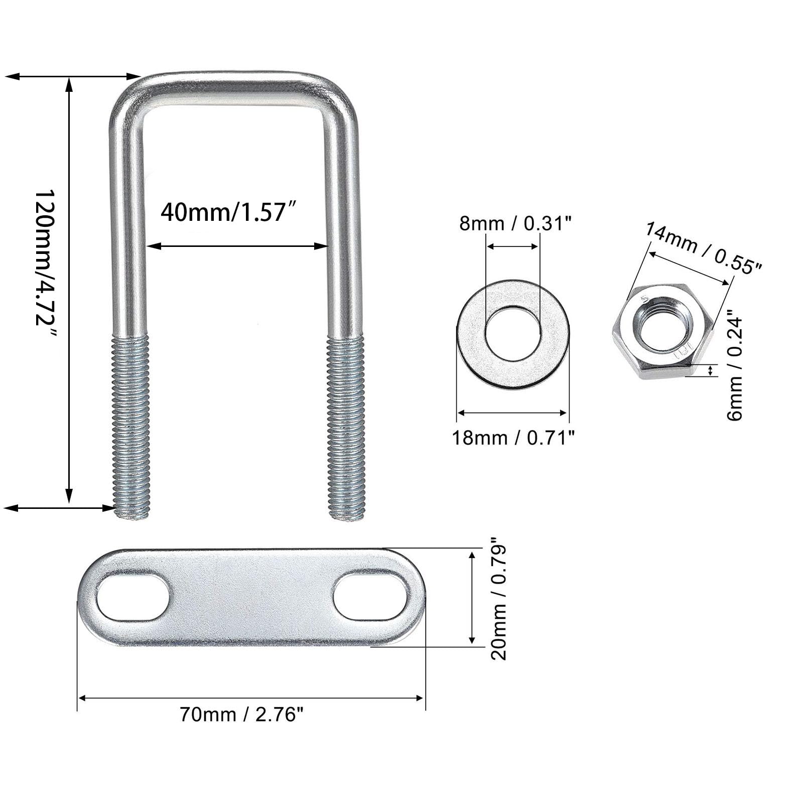 TA-VIGOR 4 sets M8 Square U-Bolts, 40mm Inner Width 120mm Length Steel U-Bolts with Nut, Plate - Image 2
