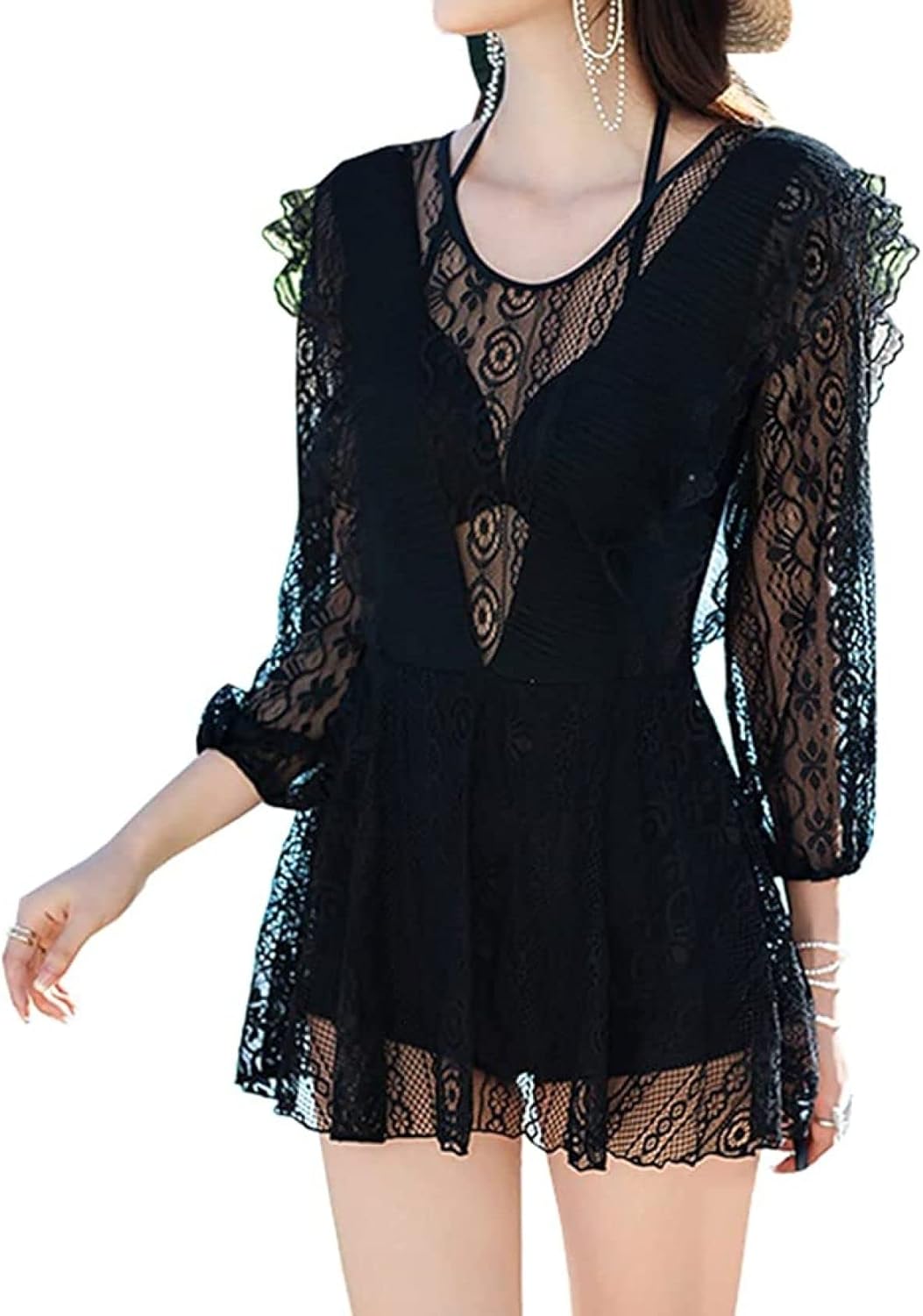 [NOMIMAS] 水着 レディース Vネックレース柄 ワンピース 水着 レディース 体型カバー 透け感 おしゃれ 大きいサイズ 韓