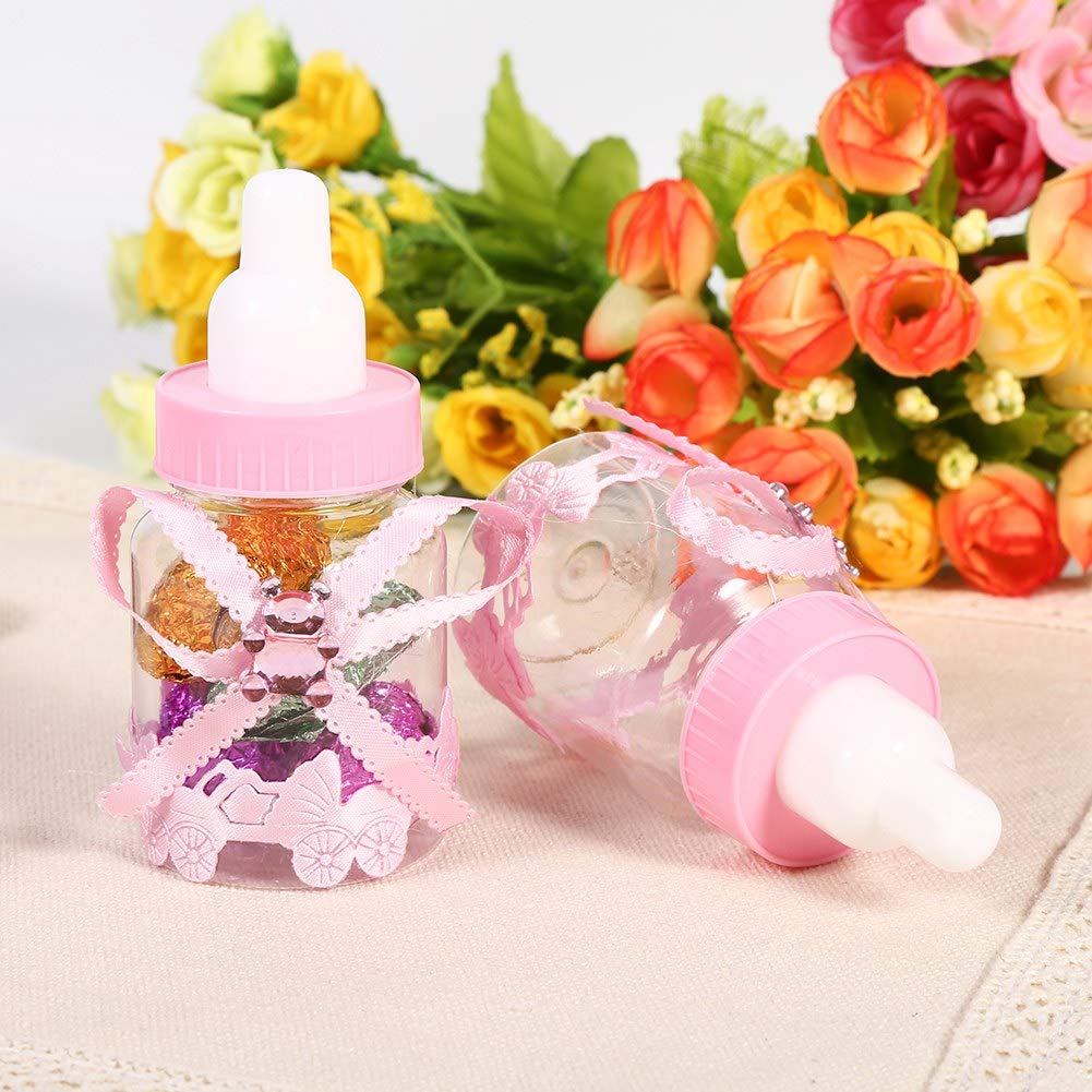 50 pz Biberon per il Latte per Baby Shower, Mini Biberon per il Latte Bomboniera, Piccolo in plastica per Caramelle a Forma di Orsetto, Scatola per Caramelle (Rosa)