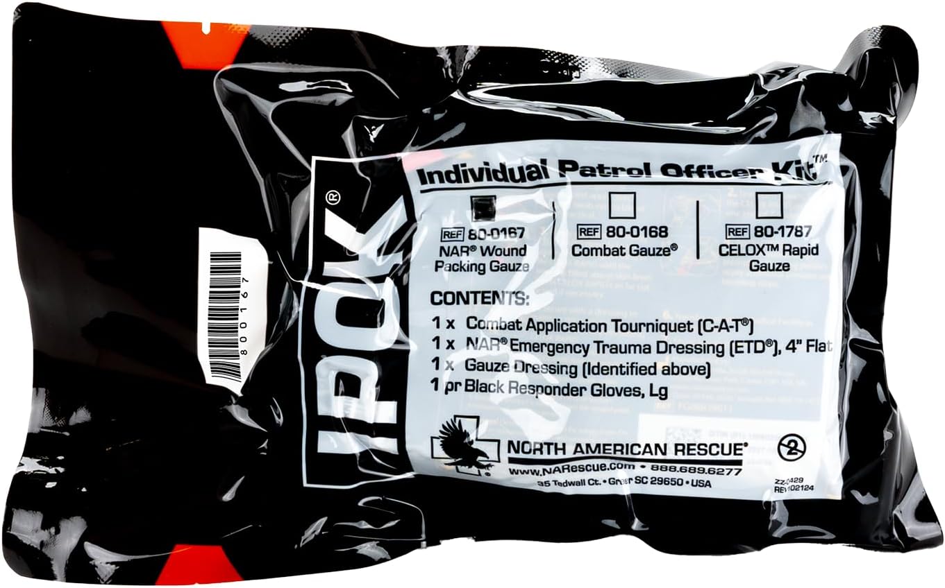 North American Rescue Individual Patrol Officer Kit IPOK (Gauze) NAR Compact First Aid with C-A-T Tourniquet, ETD, Gauze, Gloves (80-0167)