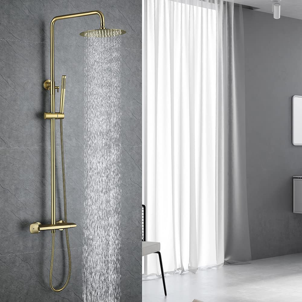 Moderno set di colonne doccia a pioggia da 25,4 cm, con controllo termostatico, altezza regolabile, con doccetta e valvola in ottone per montaggio a parete