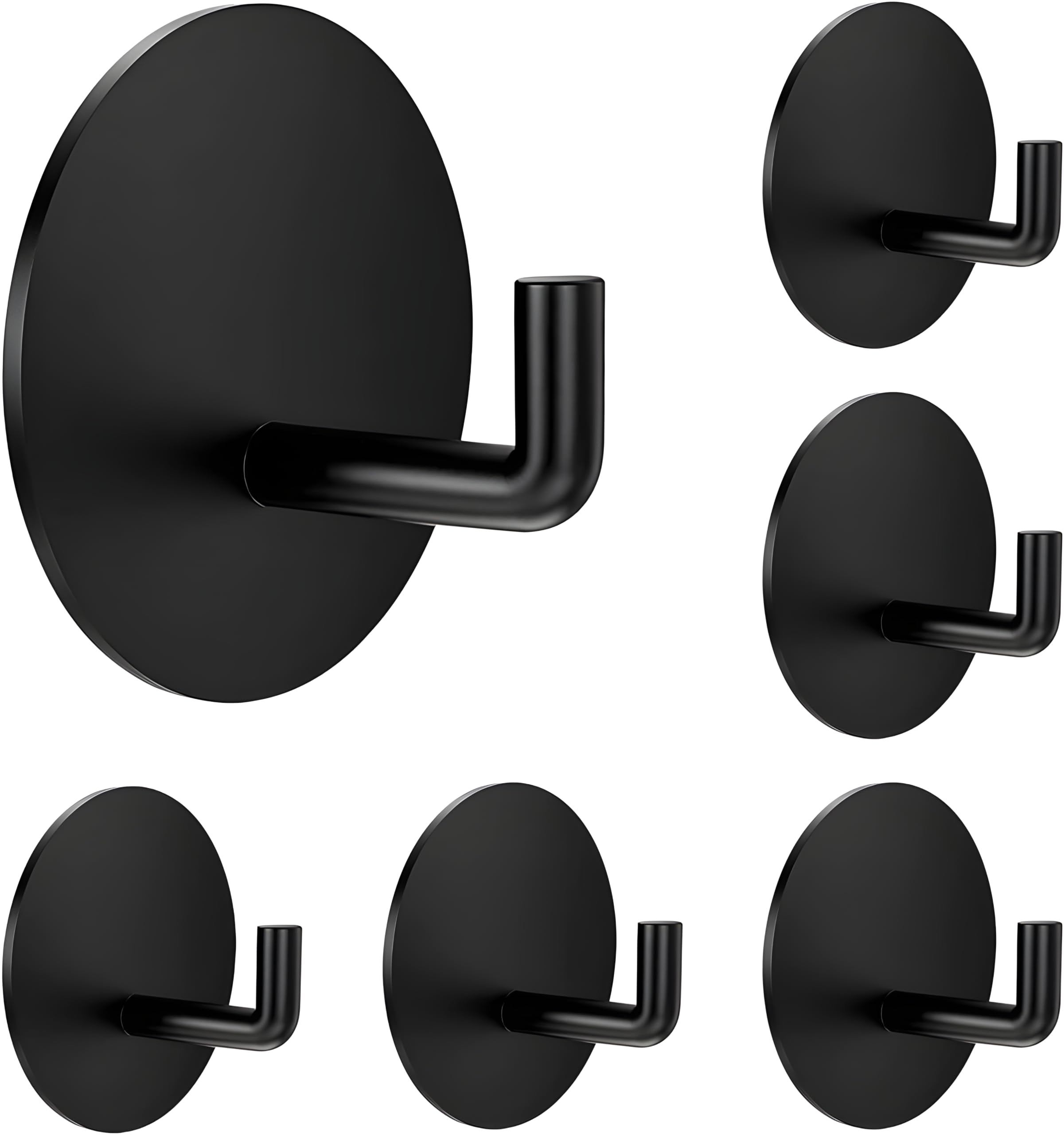 JIALTO 6 pcs Self-Adhesive Stainless Steel Hooks: Heavy-Duty Wall Hangings, Waterproof & Drill-Free - Strong Towel, Coat, and Kitchen Hooks for Bathroom and Kitchen (J Round Black)