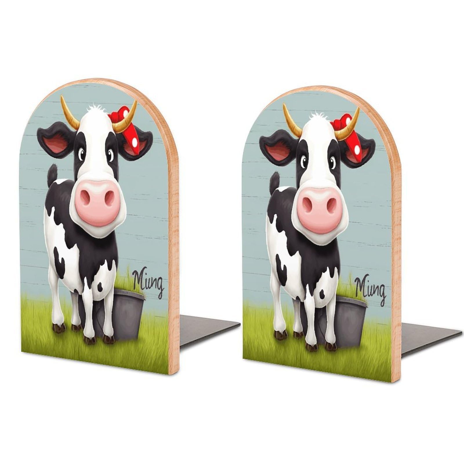 Cute Cow Bookend for Shelves Unique Book End Sturdy Books Holder Heavy Duty Wooden Bookends Support Non-Slip Book Organizers Decorative Modern Bookend Holder for Home