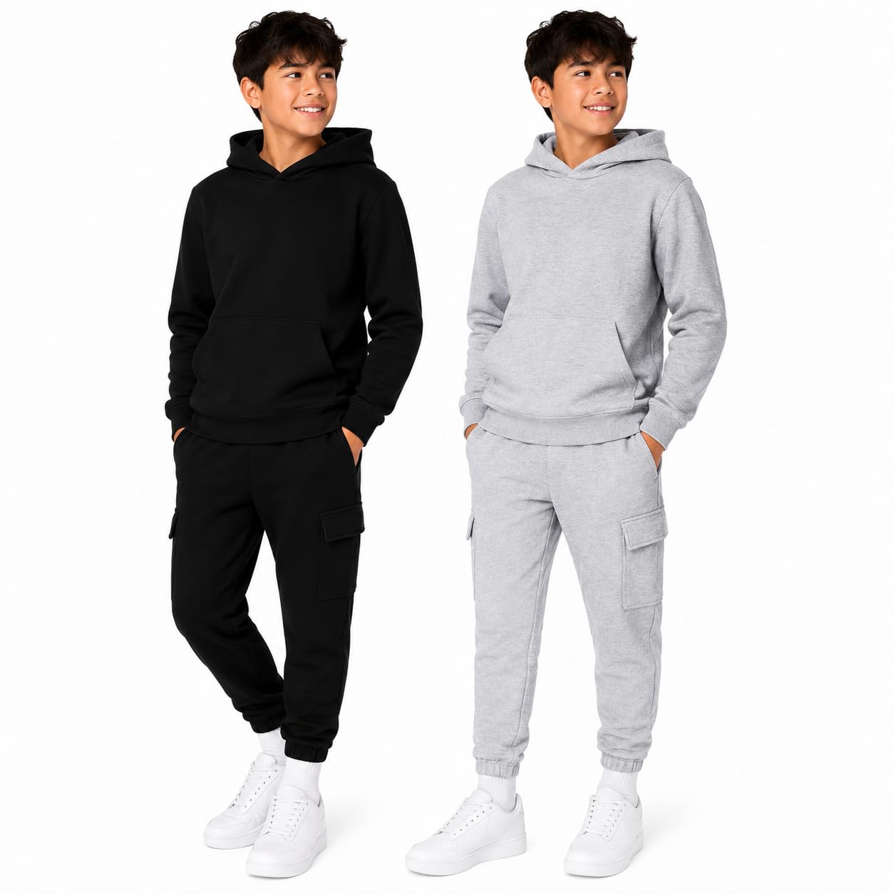 Quad Seven Conjunto de sudadera para niños, 4 piezas de forro polar suave con capucha y pantalones deportivos tipo cargo para niños (5-18)