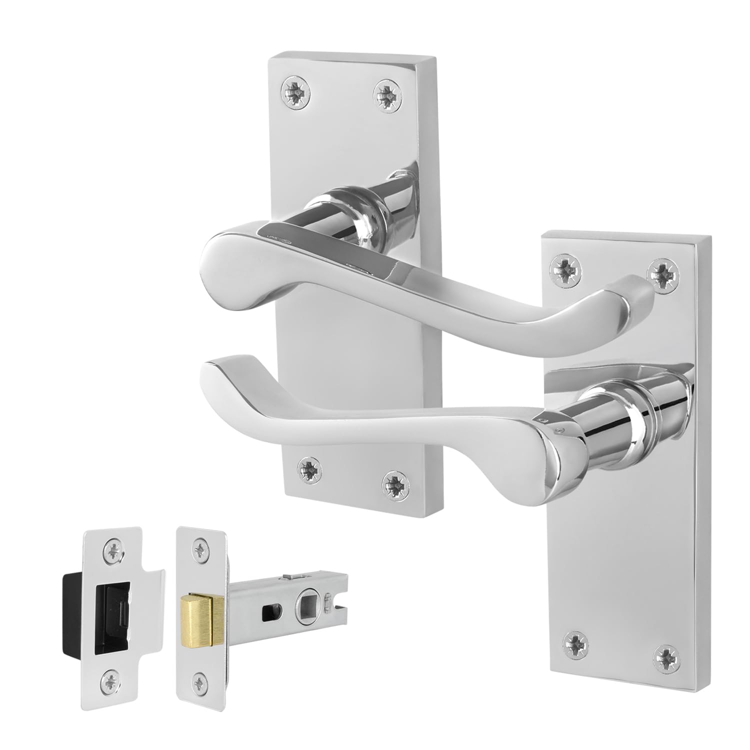 EAI Polished Chrome Door Handles with Latch 64mm - Victorian Scroll