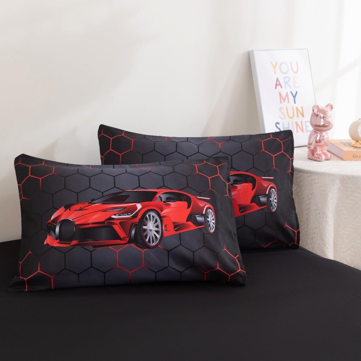 Podol 5 Pieces Race Car Comforter Set Full Size Red Sports Car Bedding Sets for Boy 3D Geometric Bed in a Bag with 1 Comforter, 2 Pillowcases, 1 Flat Sheet and 1 Fitted Sheet - Image 4
