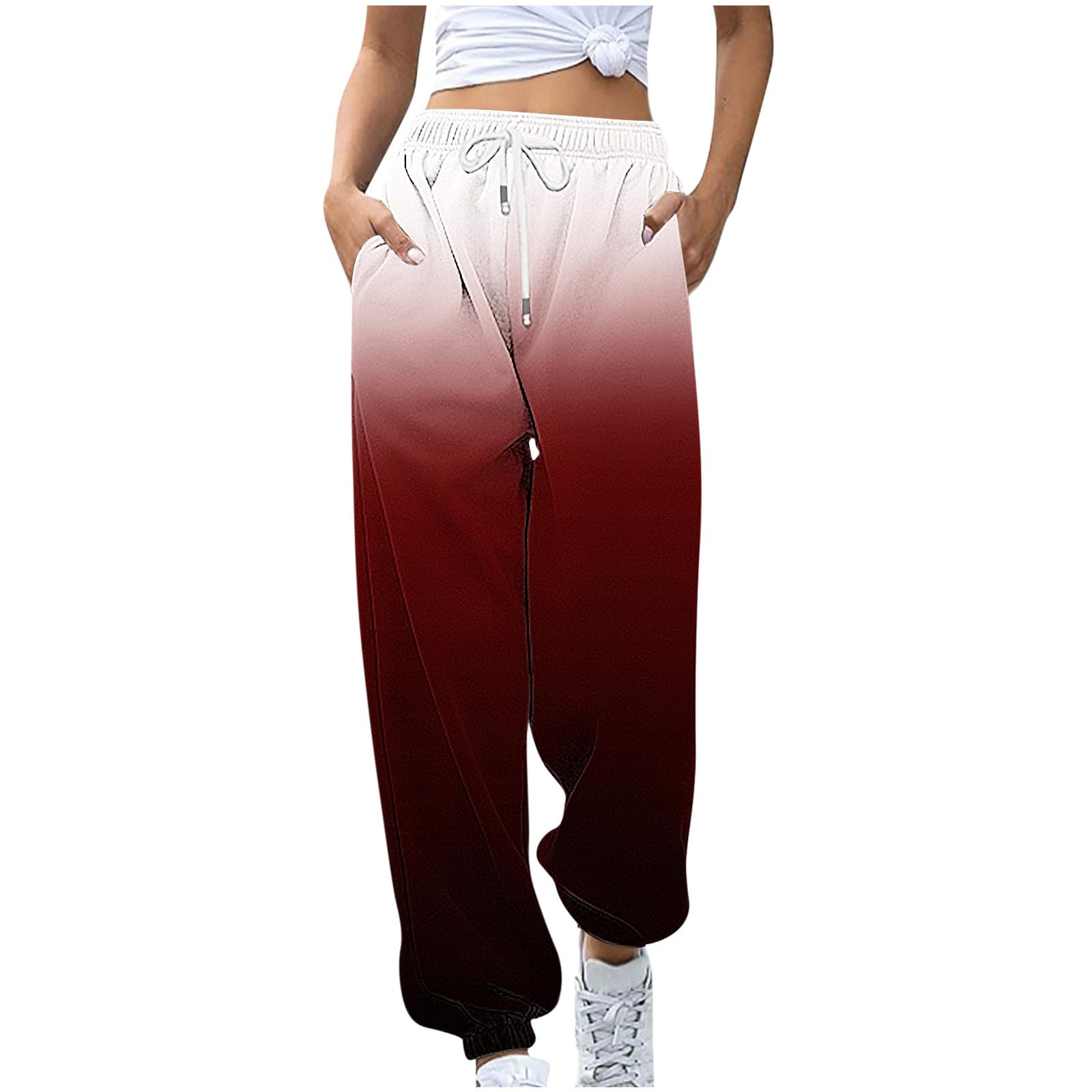 Sweatpants for Women Casual Running Pants High Waist Cinch Bottom Joggers Pockets Loose Fit Trousers Gym Activewear Red