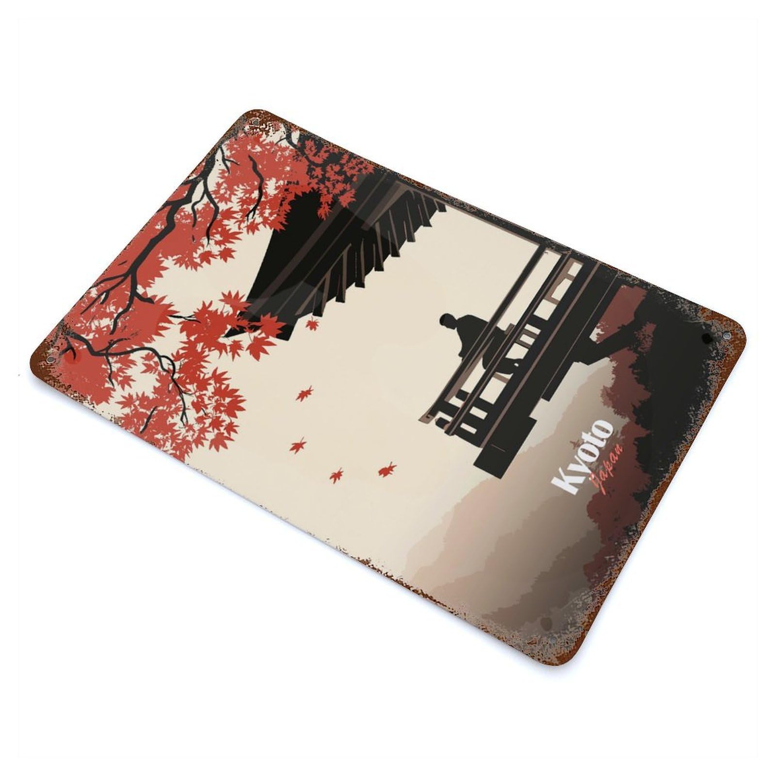 Rust Effect Kyoto Japan Silhouette Rusty Metal Tin Sign 11.8"x7.9", Rustic Home Decor for Bistro, Counter And Cafe Decor