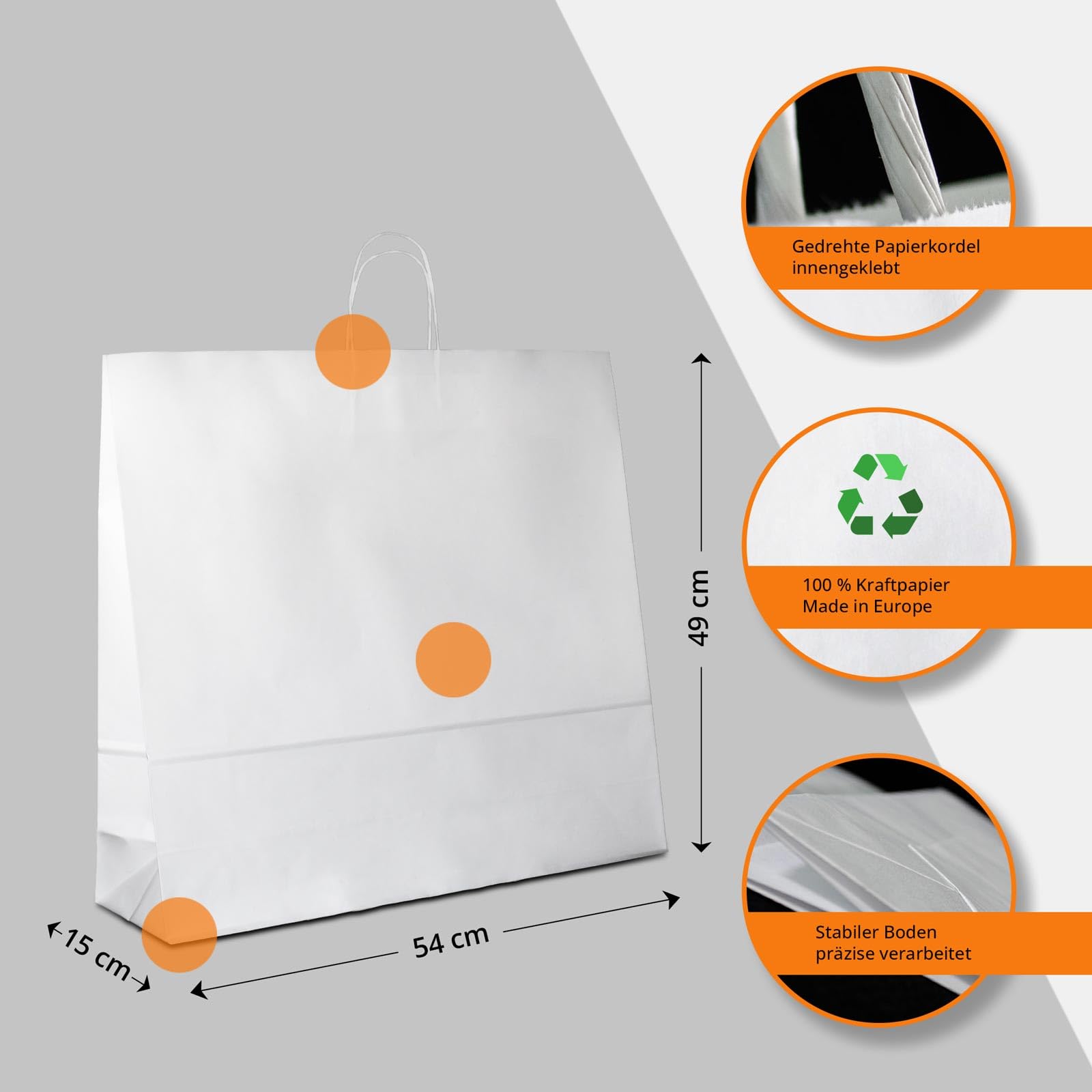 Papiertüten weiß mit Kordel-Henkel I 50 Stk. 54+15x49cm I Papiertragetasche für Einzelhandel, Hochzeit, Geburtstag, TO-GO I Geschenktüten aus Kraftpapier I HUTNER
