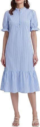 Summer Floral Midi Dress for Women Spring Puff Short Sleeve Button Down Flowy Boho Dresses