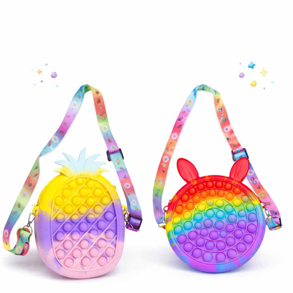 Puppet Sling Purse Combo, Pop Bubble Fidget Crossbody Bag, Pineapple and Bunny Shape, Rainbow, Set of 2-image-24