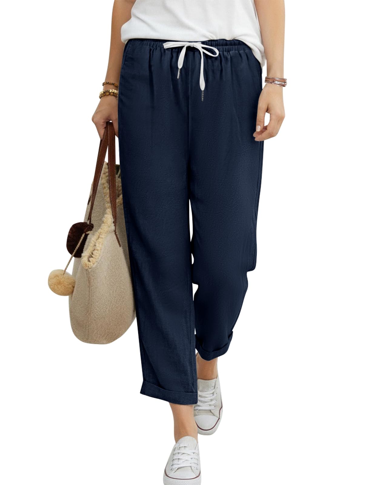Pantalon Femme Été 7/8 Fluide Léger Coton Pantalons Décontractée Ample Droit Pantacourt Taille Haute Elastique Palazzo Chic et Elegant Travail Longueur Pants avec Poches