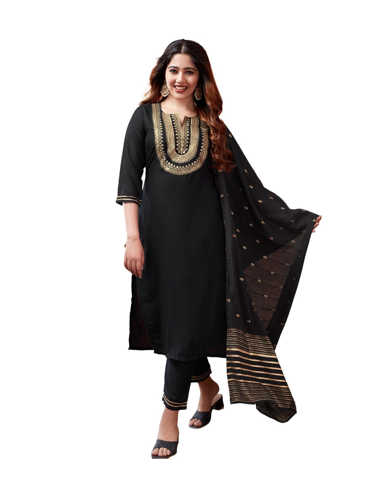 Sanisa Women's Rayon Blend Embroidery Straight Kurta With Pant And Self Woven Dupatta (114Kbd1245Nz-L_Black2)
