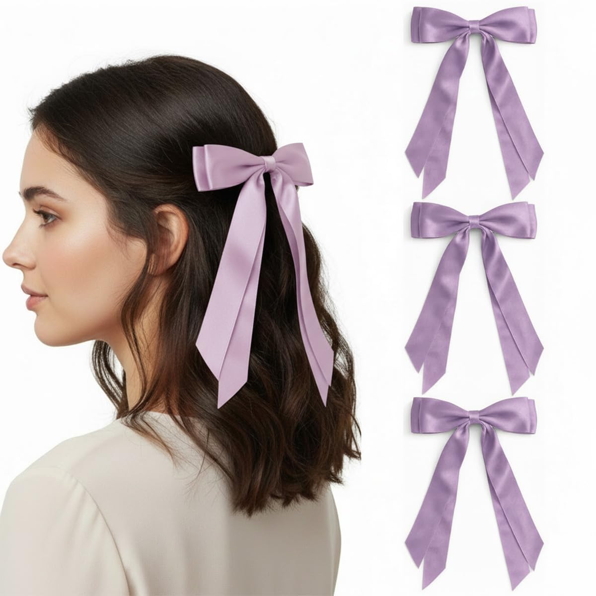 3pcs Light Purple Hair Bow Clip with Long Tail 7.8” Lilac Silky Satin Ribbon Barrettes Hair Bows with Alligator clips for Girls Women Spring Summer