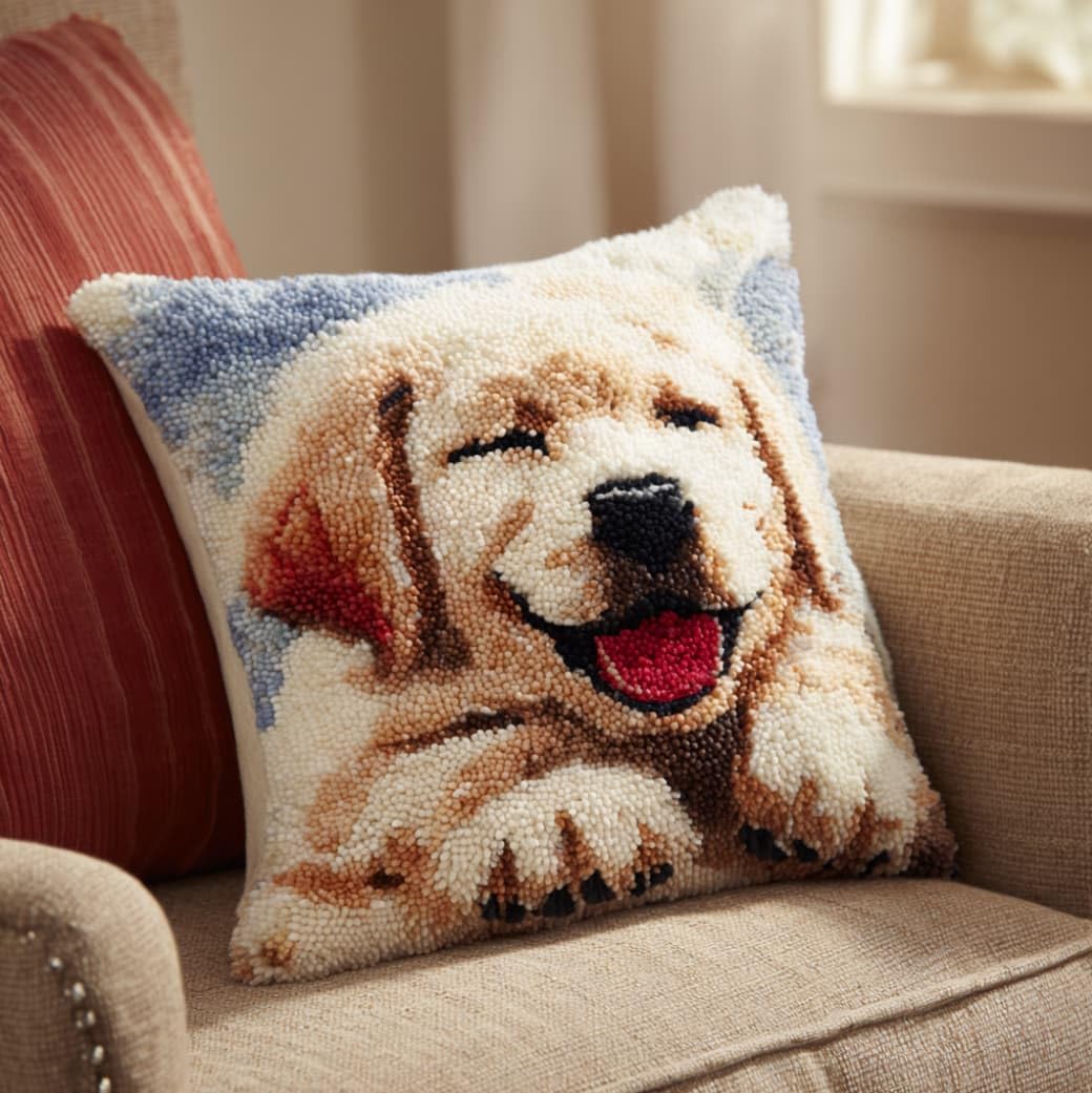 AxiangziK 43x43cm Latch Hook Pillow Craft Kit,Cute Puppy