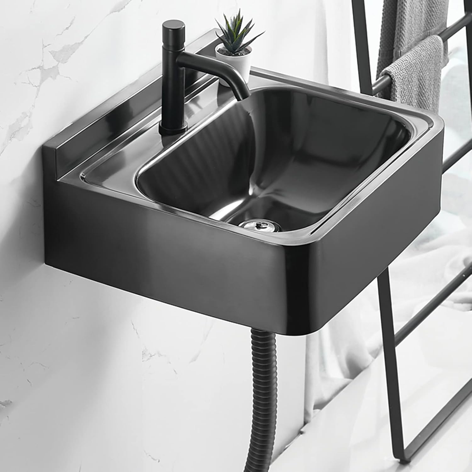 Wall Mounted Stainless Steel Bathroom & Laundry Sink Commercial Hand Wash Basin with Faucet & Drain Black & White Utility Set for Restaurants & Prep Areas,White-Set 3