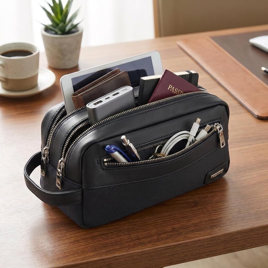 Biagiotti Uomo Pochette a Mano, Beauty Case Uomo Donna Multiuso da Viaggio, in PU con Maniglia, Trousse Morbida