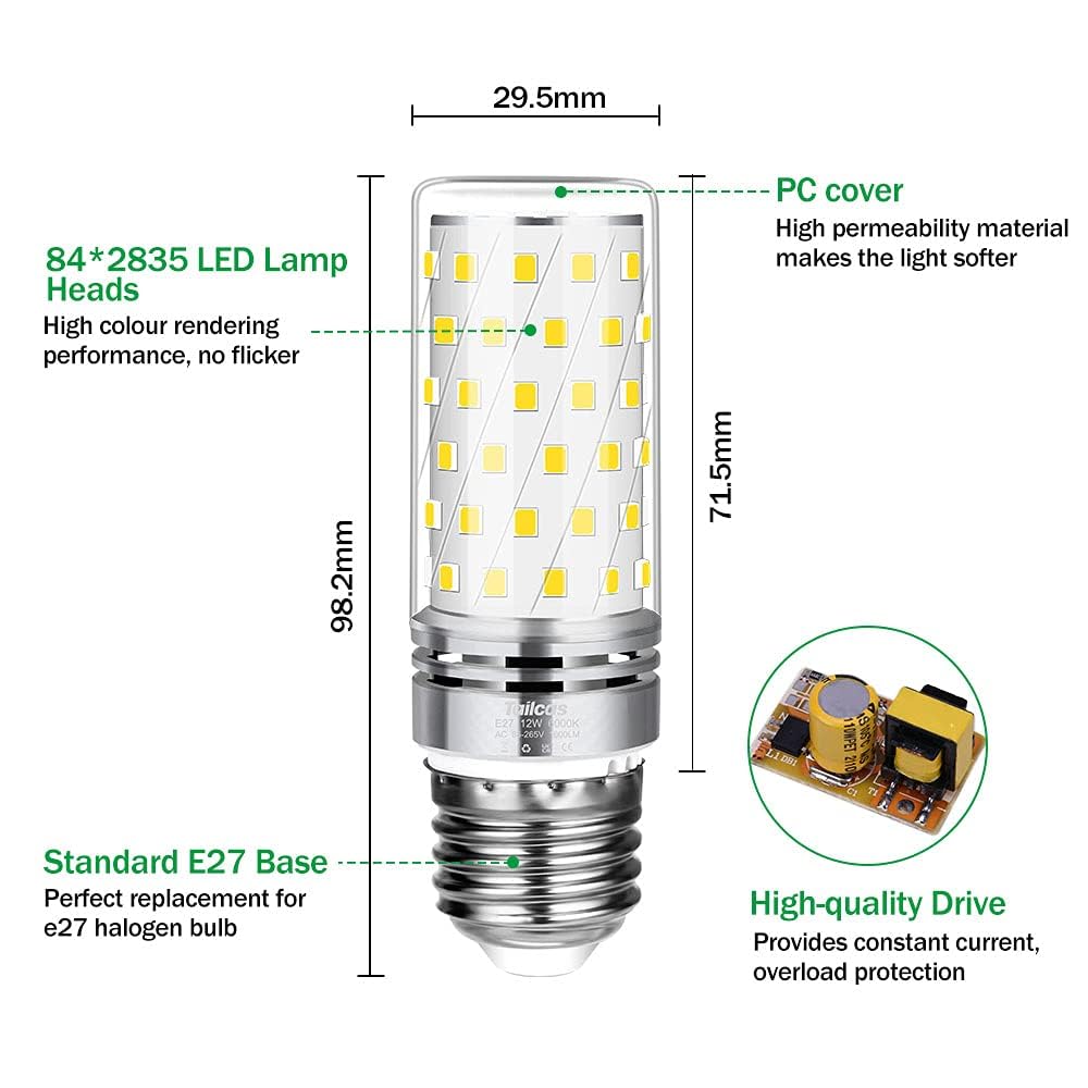 Tailcas Lampadine LED E27 12W 6 pezzi, 1000lm Mais Lampadina E27, Bianco Freddo 6000K, Equivalente 100W Lampada Alogena, Non Dimmerabile Nessun Sfarfallio Risparmio Energetico Lampade(Luce Fredda)