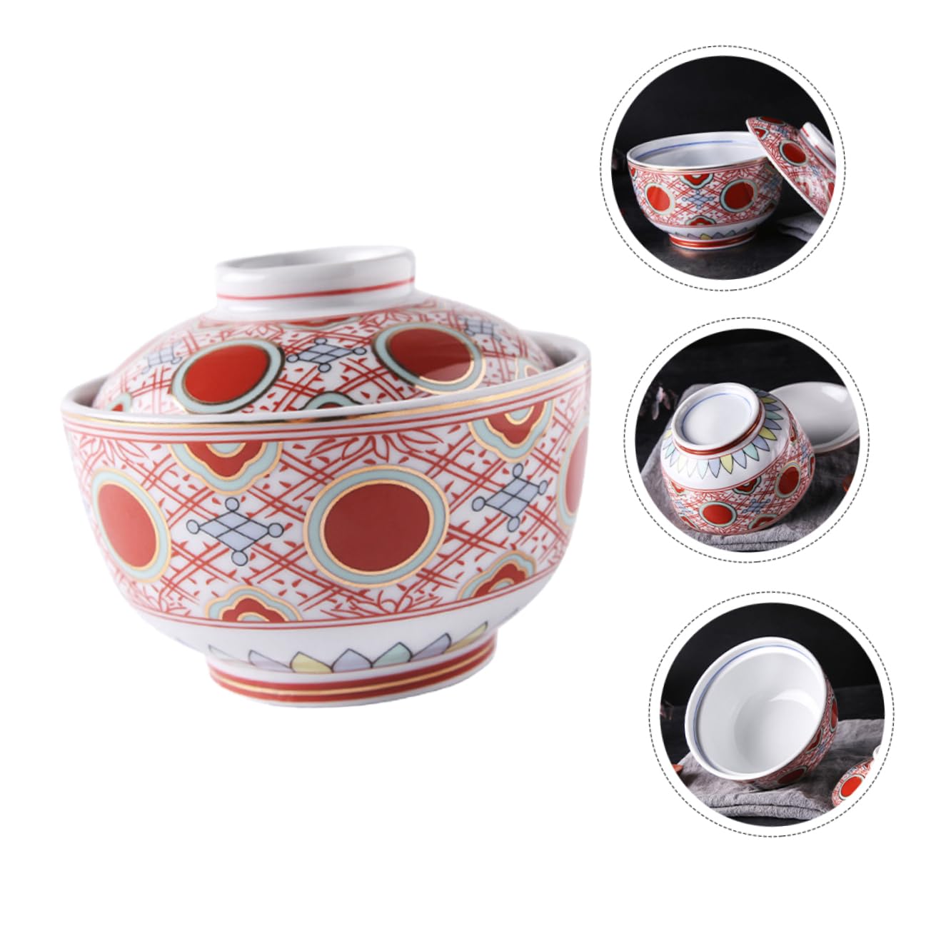 PRETYZOOM Tazón de Cerámica Rojo para Servir Comida con Tapa y Superficie Lisa, Adecuado para Aperitivos y Sopa Miso Hogar
