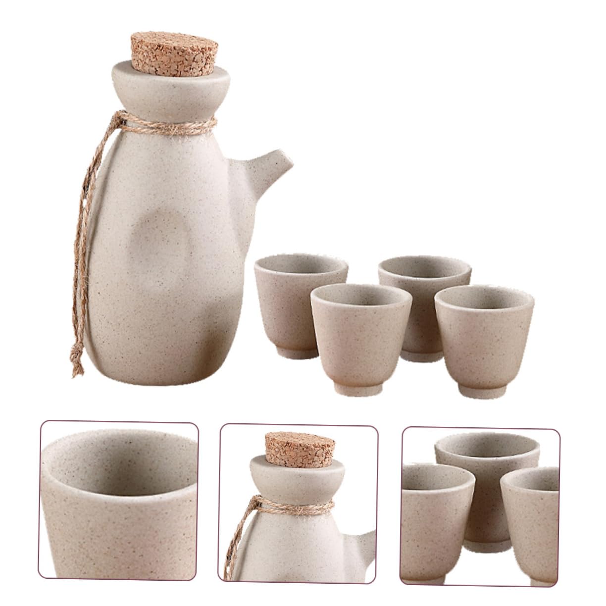 Service à Saké Japonerie 1 Bouteille 300ml 4 Coupes en Céramique Beige