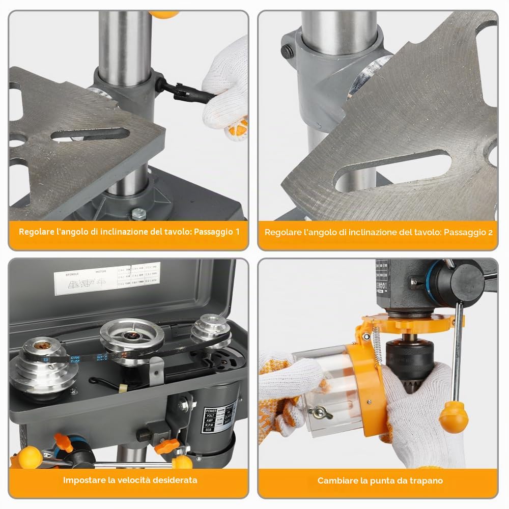 Hoteche Trapano da tavolo con supporto da 500 W, 230 V, 9 velocità da 280 a 2350 giri/min, diametro massimo di foratura 16 mm, 50 mm, distanza mandrino MT2, ideale per lavori di perforazione precisi,