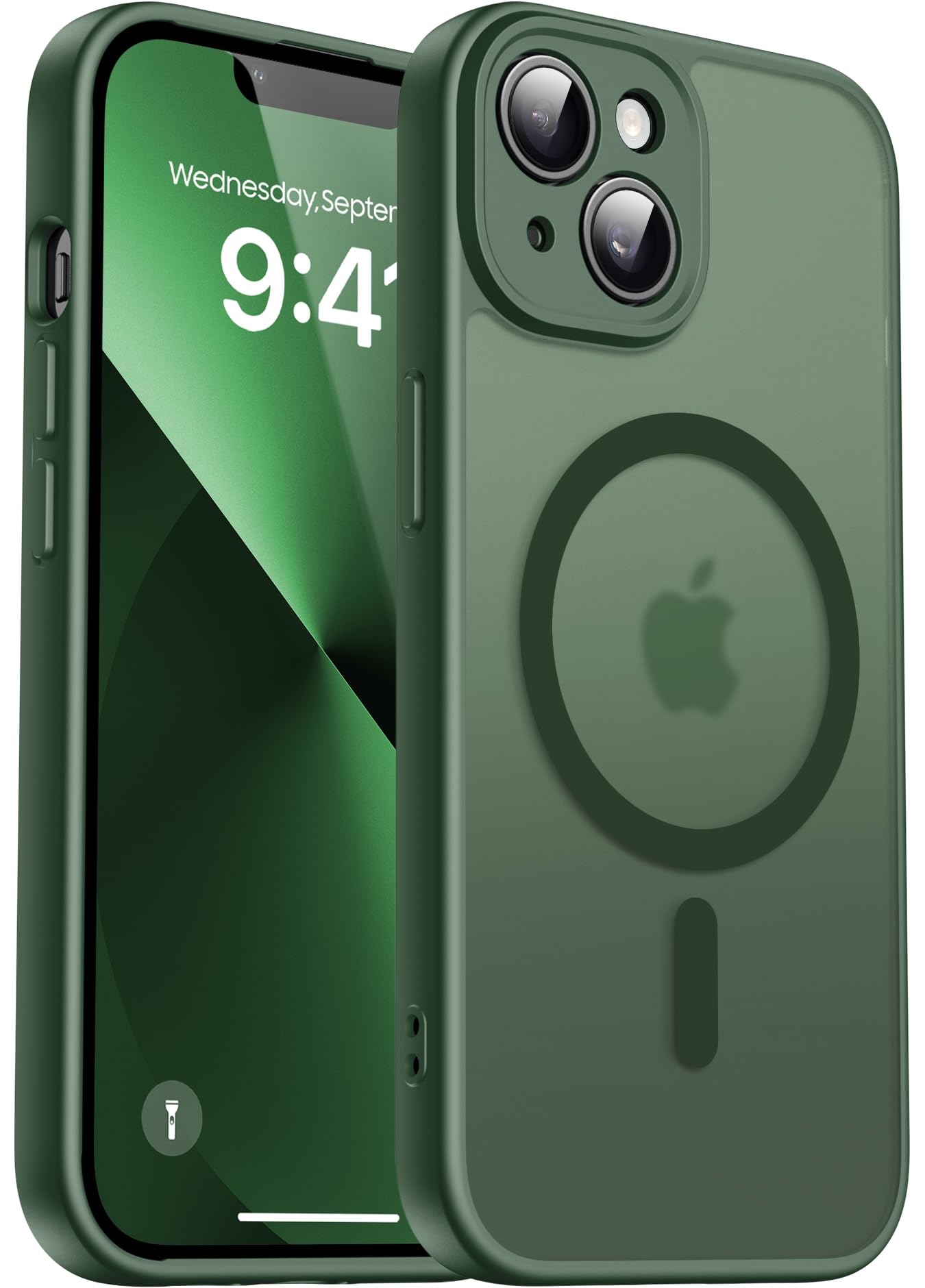 Natiiozie Magnetisch Kompatibel mit iPhone 13 Hülle Kompatibel mit MagSafe, Kameraschutz FallSchutz Handyhülle, Stoßfest Kratzfest Schutzhülle Transluzente Matt Rückseite 6.1 Zoll Case Dunkelgrün