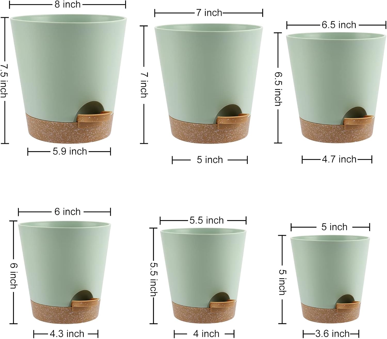 Indoor Self Watering Planters with Drainage Holes and Saucers, 8, 7, 6.5, 6, 5.5, 5 Inches, Green, 6 Pots. - Image 4