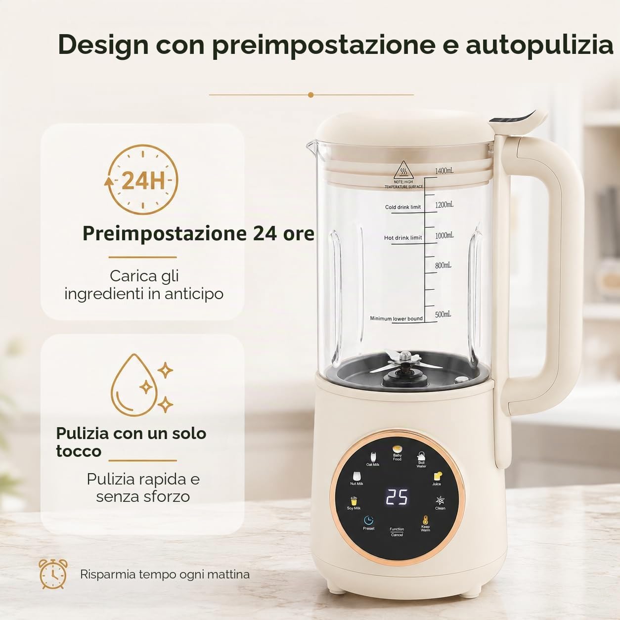 Macchina per latte di soia 1,4 l Macchina per il latte vegetale automatica con schermo tattile a LED e maniglia, base stabile, per acqua bollente, succo, latte d'avena, latte di noci, latte di soia
